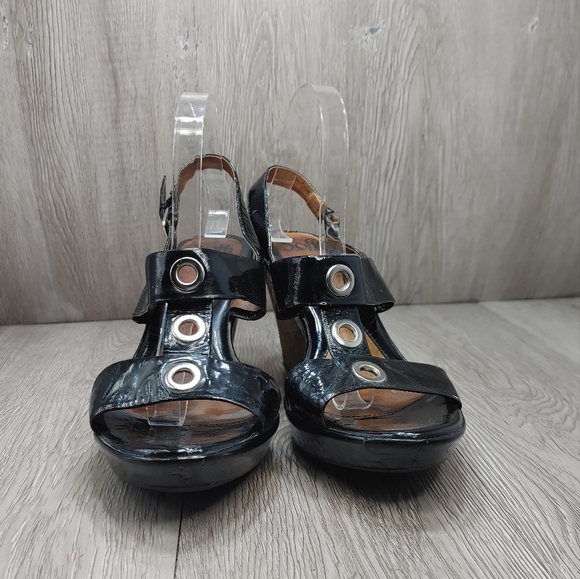 SOFFT Black Patent Leather Cork Wedge Montera Sandals T Strap Sling Back size 10 - Picture 4 of 12